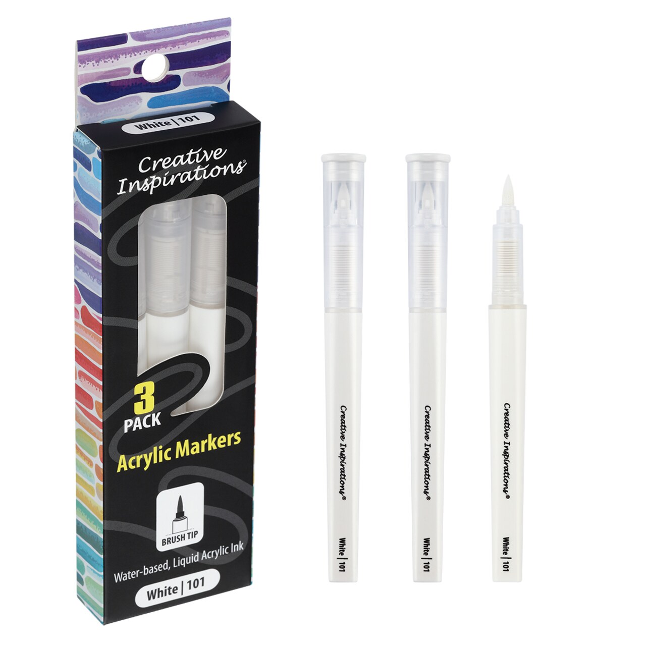 Creative Inspirations Acrylic Paint Markers Set of 3 White: Water-Based Acrylic Markers for Artists w/ Flexible Brush Tips in Stacked Carrying Case, Bleed-Resistant, Lightfast, For Wood, Glass, Paper